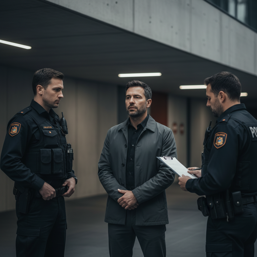 Ruhige Person bei einer Polizeikontrolle, Hände sichtbar, Beamte im Fokus. Die angespannte Szene betont Deeskalation und…