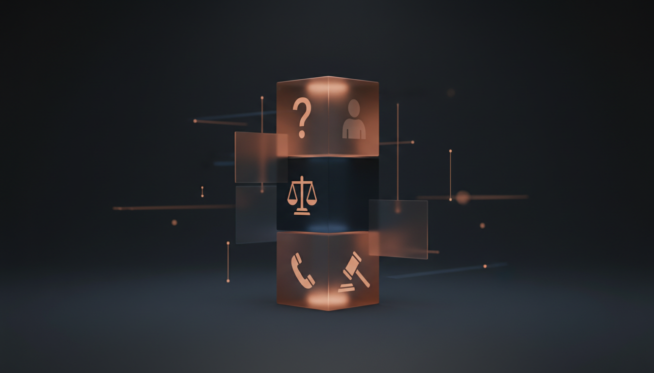 Abstrakte Darstellung rechtlicher Symbole: Waage, Fragezeichen und Telefon, die auf einen transparenten Würfel projiziert…