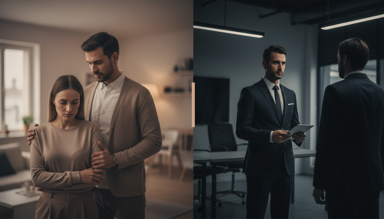 Links: Ein Mann spendet emotionalen Beistand einer Frau in einem Wohnzimmer. Rechts: Zwei Männer im Anzug stehen sich in…