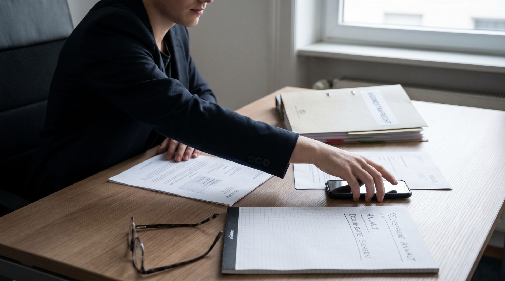 Eine Person in formeller Kleidung greift nach einem Smartphone auf einem Schreibtisch mit juristischen Dokumenten, die…