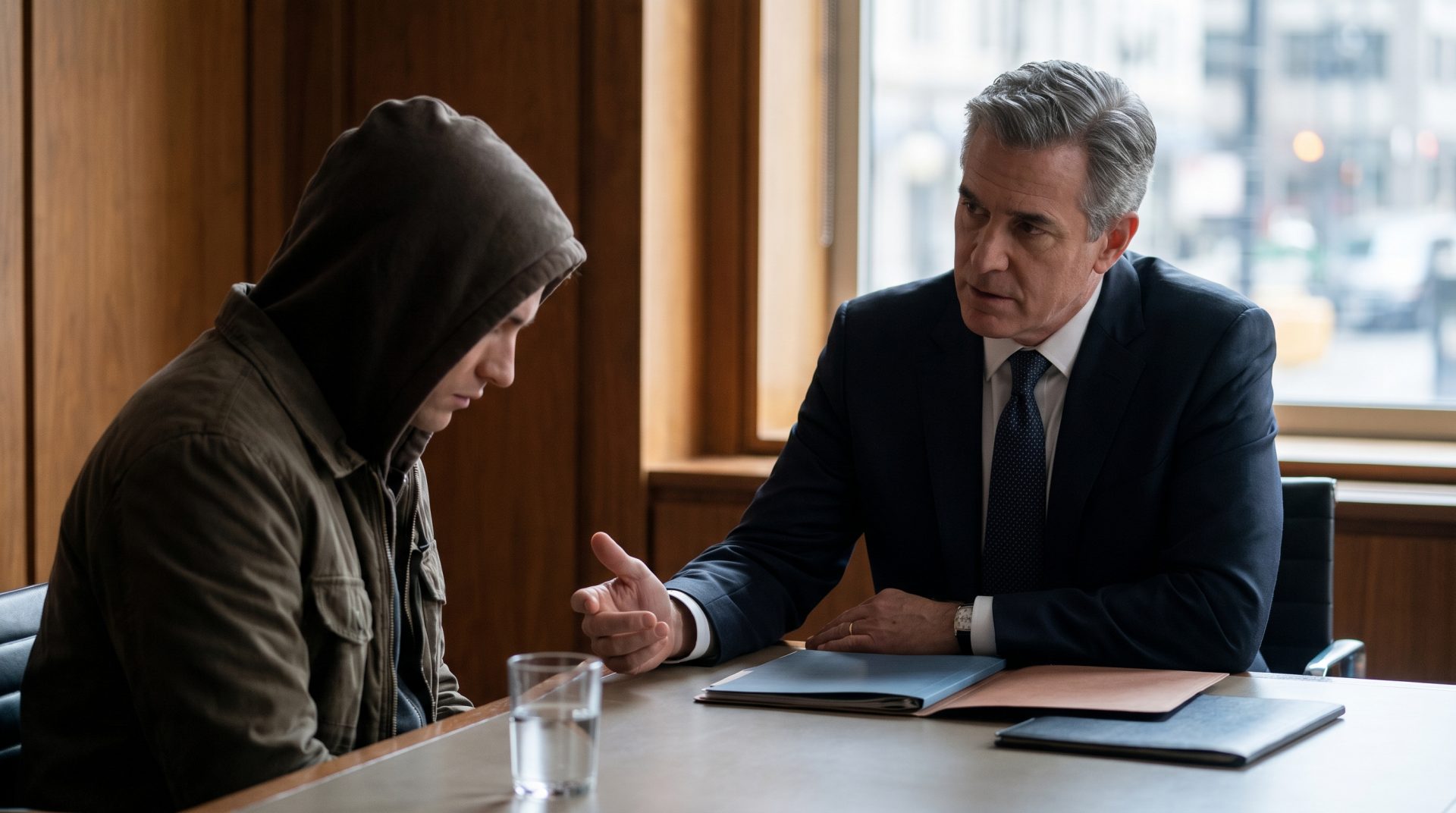 Ein Jugendlicher mit Kapuzenjacke sitzt niedergeschlagen gegenüber einem älteren Mann im Anzug, der ihm ernst und…