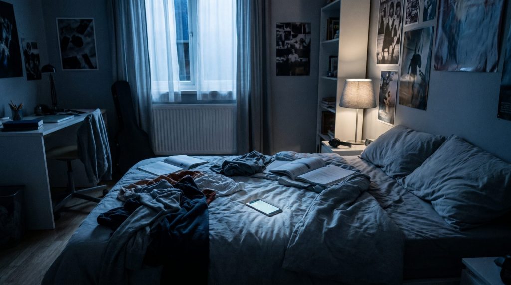 Visualisiert den privaten, verletzlichen Raum, in dem sich die digitale Auseinandersetzung entfaltet, und schafft ein emotionales Setting, das Zurückgezogenheit und Nachdenklichkeit ausdrückt.