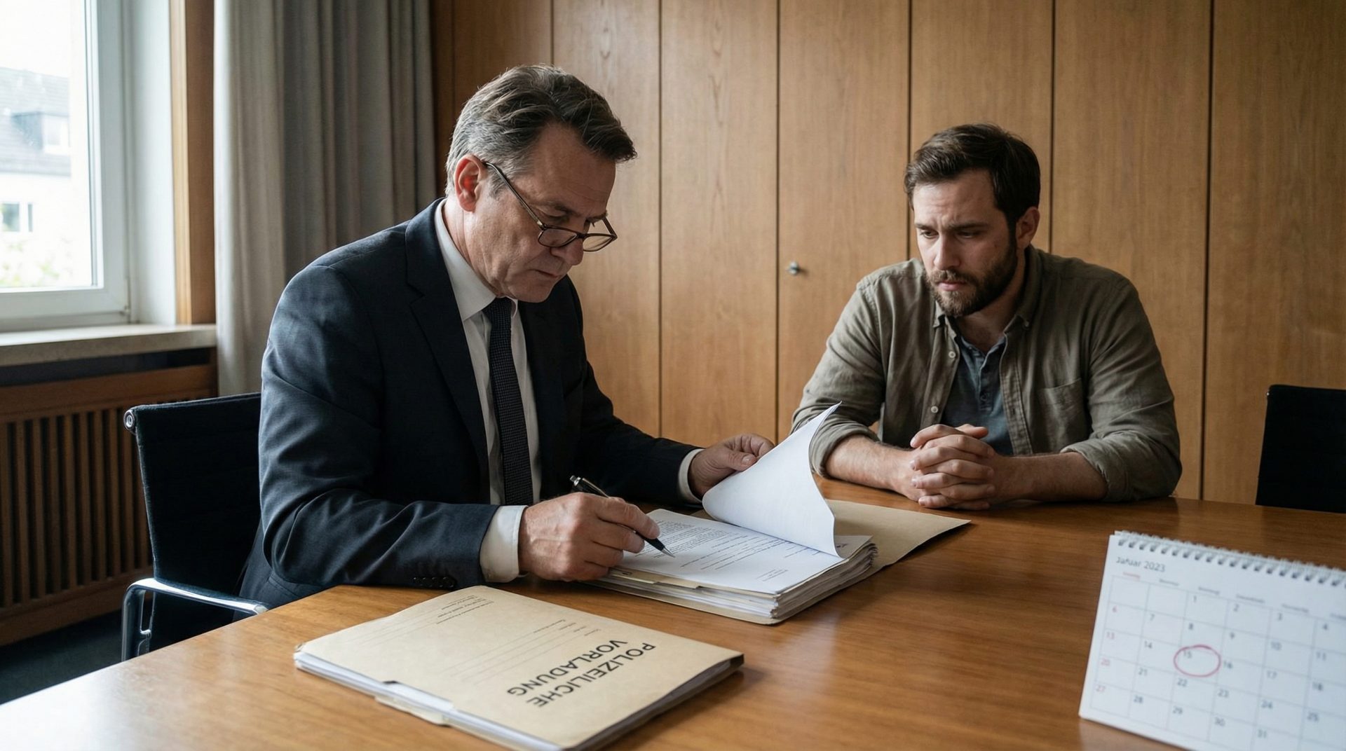 Ein Anwalt im Anzug prüft sorgfältig Unterlagen zu einer polizeilichen Vorladung, während der Mandant angespannt daneben…