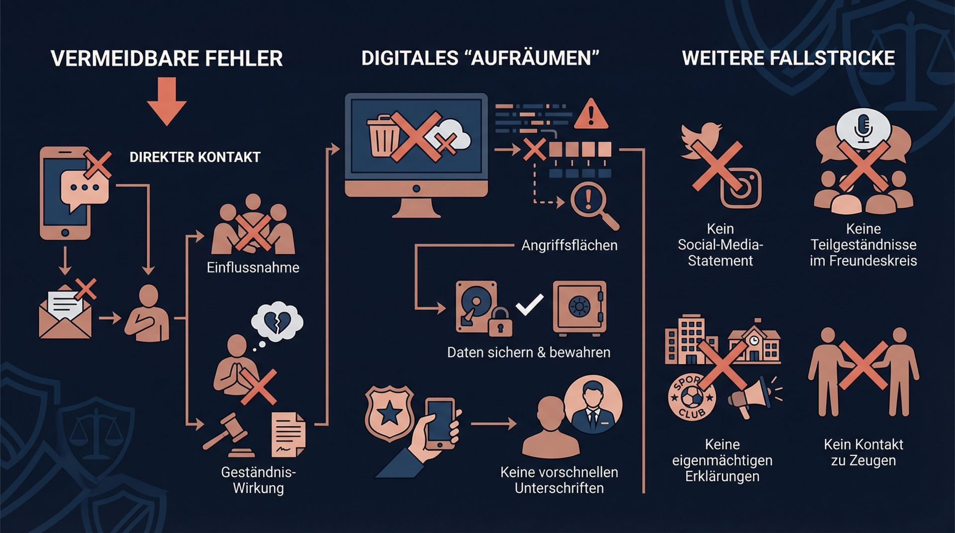 Vermeidbare Fehler wie direkter Kontakt oder voreilige Geständnisse schwächen die Verteidigung im Sexualstrafrecht…