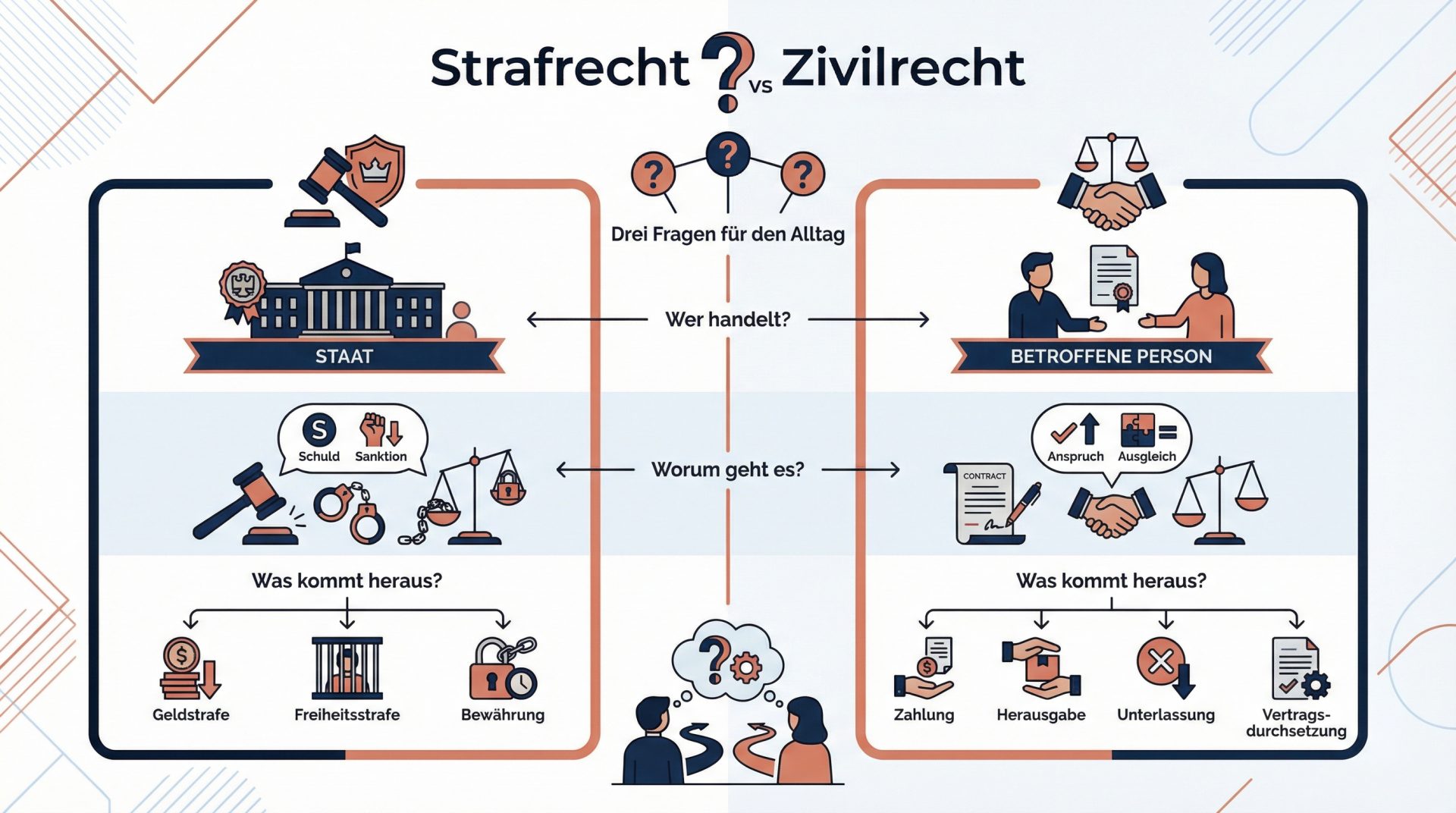 Strafrecht Zivilrecht im Vergleich: Wer handelt – Staat oder betroffene Person? Worum geht es – Schuld und Sanktion oder…