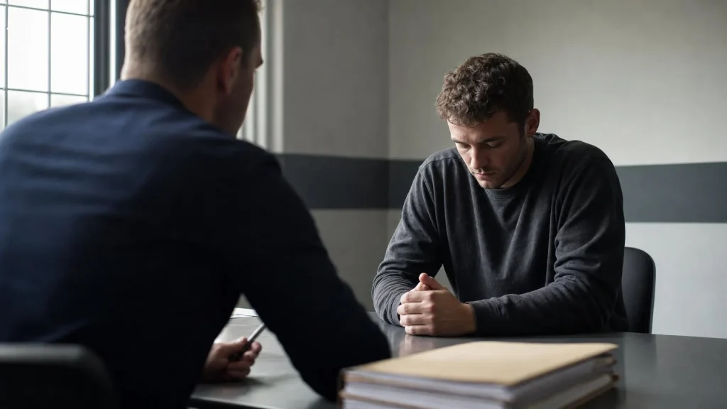Ein junger Mann mit gesenktem Blick und gefalteten Händen sitzt an einem Tisch gegenüber einem Mann, von dem nur die Rückenansicht zu sehen ist.